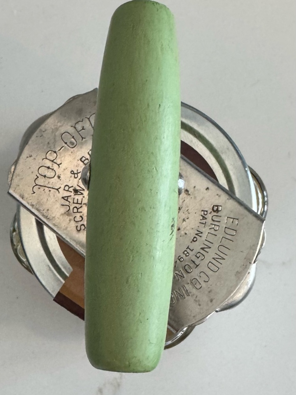 1940s Edlund Bottle Jar & Screw top Opener green wood vintage kitchen accessory